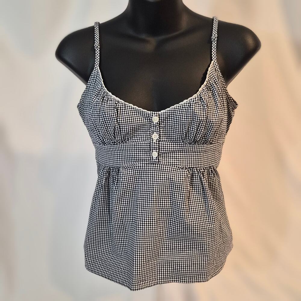 Brandy Melville Gingham Cami Top Black White Plaid Ruched Babydoll Tank One Size